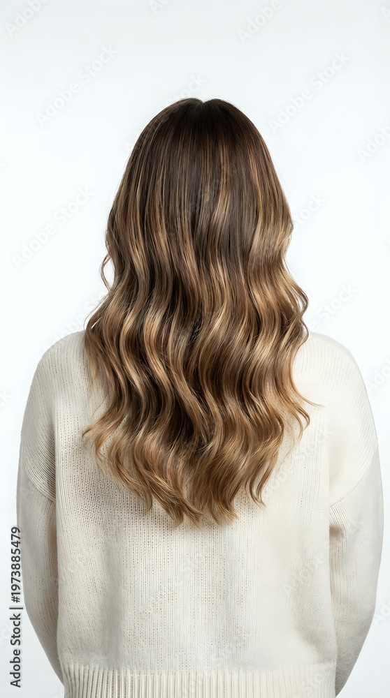 Naklejka premium Woman with long wavy brown hair with blonde highlights wearing cream sweater from behind on white background for hair salon and beauty concepts.