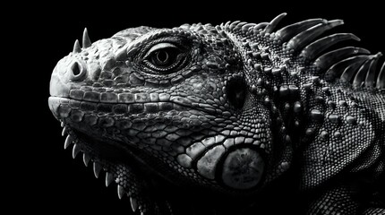 Dramatic black and white close-up portrait of iguana head showing detailed scales, spines, and eye against dark background for reptile photography projects.