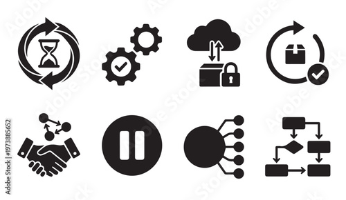 Business operations icons: time management cloud storage security collaboration