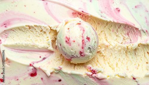 Delicious raspberry ripple ice cream scoop texture with creamy vanilla swirl frozen dessert refreshment close-up studio shot appetizing summer treat