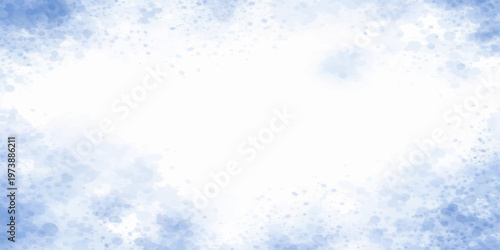 A beautiful abstract blue Christmas background features a bright winter cloudscape with white snowflakes falling through a clear sunny sky and heaven-like sunlight
