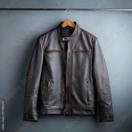 Dark brown leather jacket on a wooden hanger against a grey textured wall.