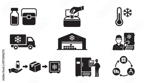 Cold chain logistics medical storage temperature control vector icons