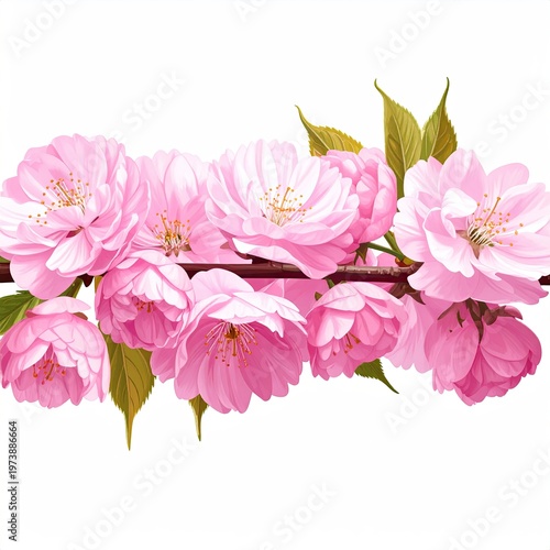 Illustration of delicate pink cherry blossoms on a branch showcasing intricate petal details and golden stamens against a clean background