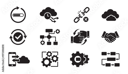 Cloud data sync process management business partnership icons with workflow