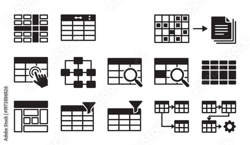 Collection of data management, analysis, and table processing icons for business