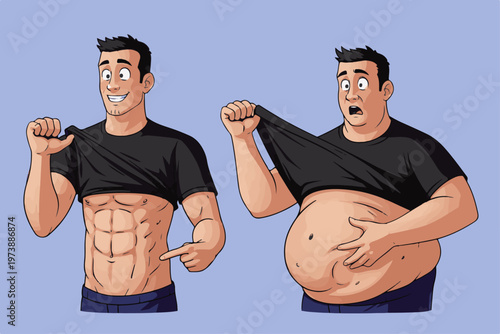 Fitness Transformation Comparison Illustration, Slim Athletic Body vs Overweight Man Vector, Weight Loss Concept Design