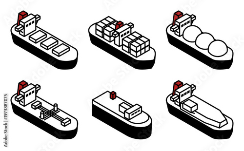 アイソメトリックイラスト：色々な船のアイコン