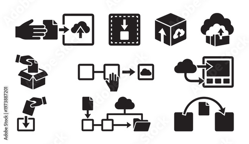 Data input output cloud storage file transfer icons with transfer, management
