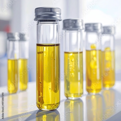 Laboratory test tubes filled with yellow liquid for scientific analysis and medical research pharmaceutical sample development in a lab