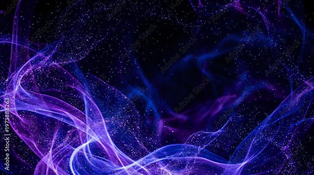 Obraz premium Abstract purple and blue energy waves flowing through cosmic space with glowing particles and light trails creating dynamic motion effects for digital backgrounds.