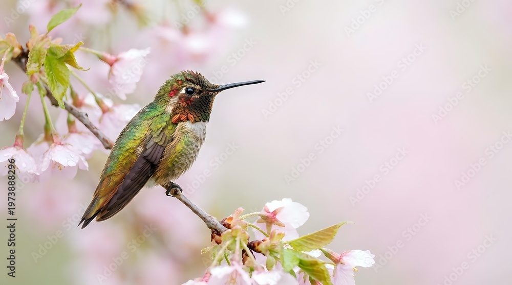 Naklejka premium Male ruby-throated hummingbird perched on blooming cherry blossom branch with soft pink flowers and green leaves against blurred pastel background.