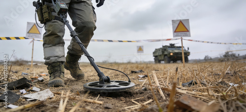 Soldier searches for explosives in a marked area during a military operation in a training ground