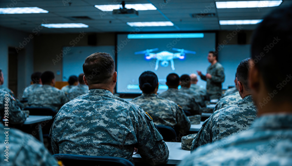 Fototapeta premium Soldiers sit in rows facing a screen where a presentation on drones takes place. An instructor stands at the front explaining details about the technology and its uses