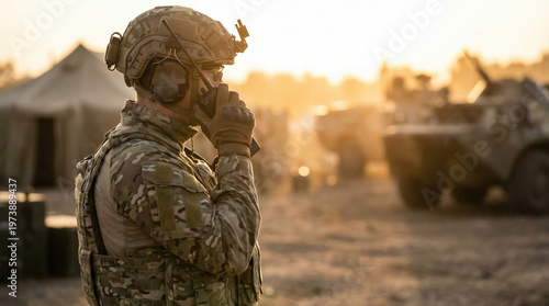 A soldier stands with a radio near military tents and armored vehicles. The sun sets in the background, creating a silhouette. Activity shows preparation for night operations