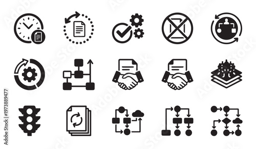 Business process management and project workflow logic icons with business