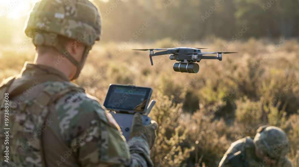 Fototapeta premium A soldier controls a drone using a tablet in a field during a training exercise. The sun sets in the background while another soldier watches closely nearby