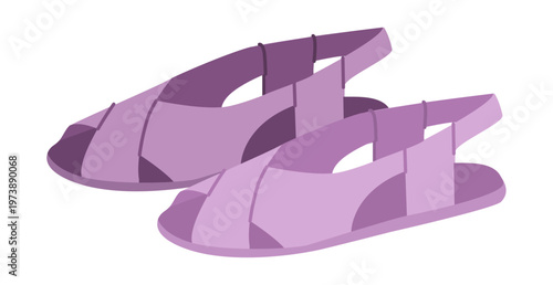 Purple fisherman sandal shoe women flat pair. Cage strap flat sandal for beach promenade city stroll. Technical fashion illustration CAD mockup soft vector man unisex isolated contemporary style.
