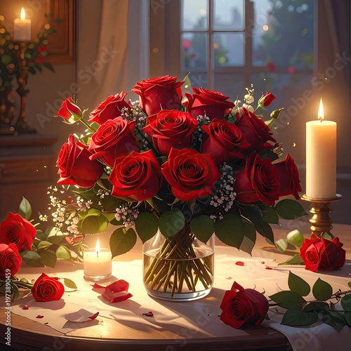 Lush bouquet of red roses in glass vase surrounded by romantic candle light and scattered petals on wooden table; a celebration of love and beauty
