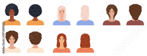 Textured hairstyles flat color set with afro, ringlets, wavy, curly and feathered hair types, diverse vector characters for beauty apps and inclusivity focused design