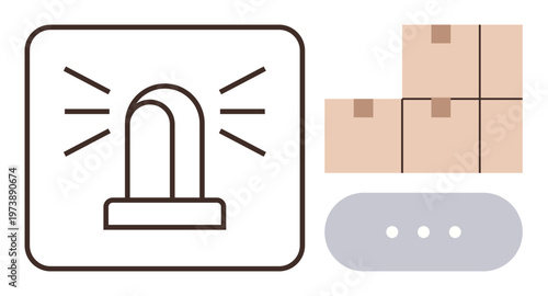 Logistics, security, emergency alerts, inventory management, safety notification, supply chain tracking. Visual of a siren icon, shipping boxes and interface element. Logistics and security concepts