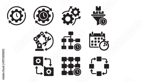 Industrial automation and time management process icon set with automation