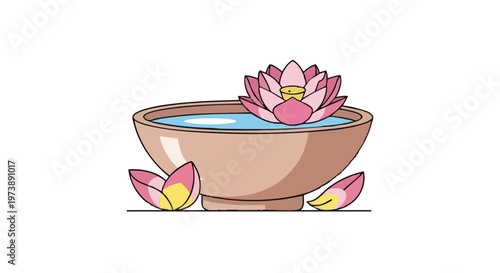 Lotus flower offering in a bowl of water. Serene vector illustration for spirituality and wellness