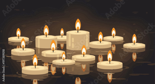 Floating tea lights and candles with warm flames on dark water