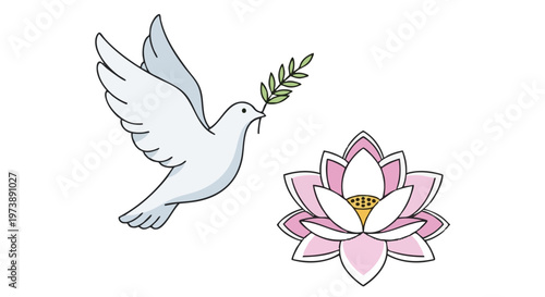 Peace dove with olive branch and pink lotus flower vector illustration