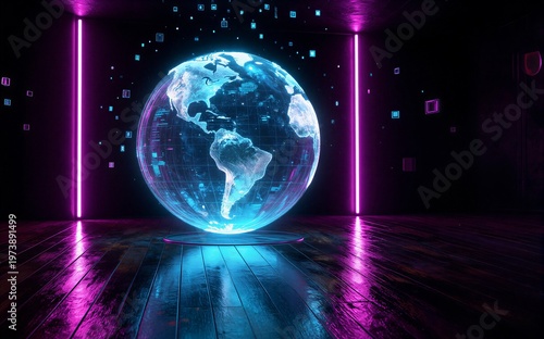 Neon-lit globe floats in futuristic room data streams swirl around it.