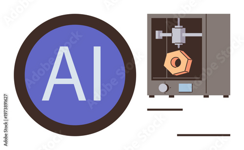 Artificial intelligence, 3D printing, technology innovation, automation, industrial design, future production. AI symbol next to a 3D printer with a geometric shape. Artificial intelligence and 3D