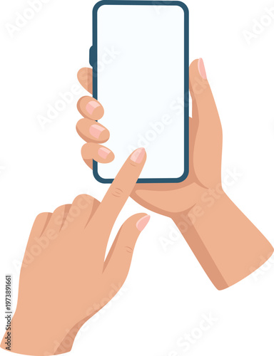 Hands Holding Smartphone with Finger Touching Screen, Vector Illustration. Mobile Phone UI Gesture. Touchscreen Interaction Concept. App Interface Blank Display. Click Tap Swipe Action