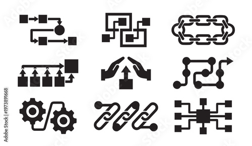 Logic flow and network connectivity icons for business process mapping