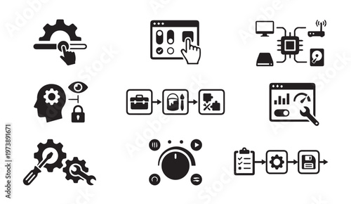 System configuration and technical support icons for software development