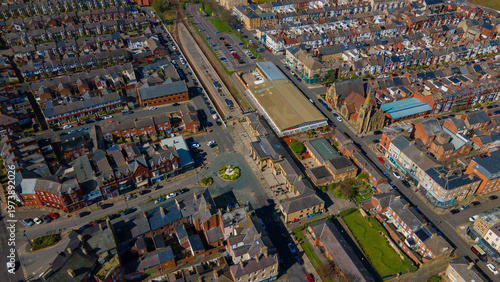 Принти на полотні Aerial view of Saltburn railway station and historic town center