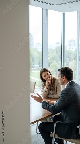 Professional business meeting between confident businesswoman and businessman in modern office with city view discussing corporate strategy and collaboration. Free Download Professional business meeting between confident businesswoman and businessman in modern office with city view discussing corporate strategy and collaboration. - GFXLoad