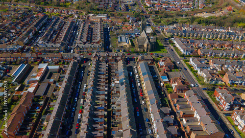 Aerial view over parallel terrace streets in Saltburn town