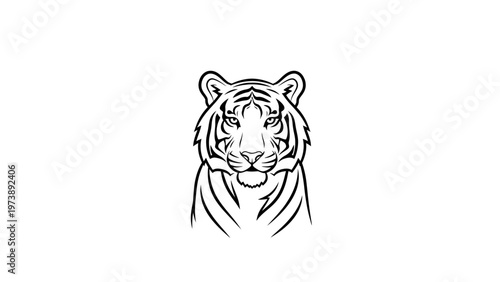 A black and white line drawing of a tiger's head with a neutral expression on a plain white background.