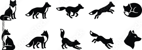 Ten Black Fox Silhouettes in Different Poses on White.