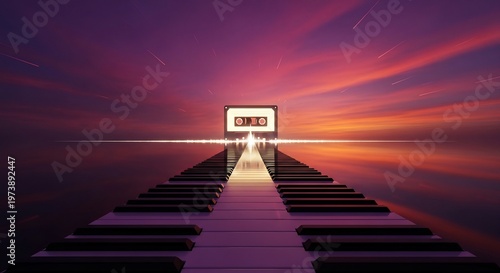 A Surreal Piano Keyboard Path Leading to a Glowing Laptop Screen at Sunset.