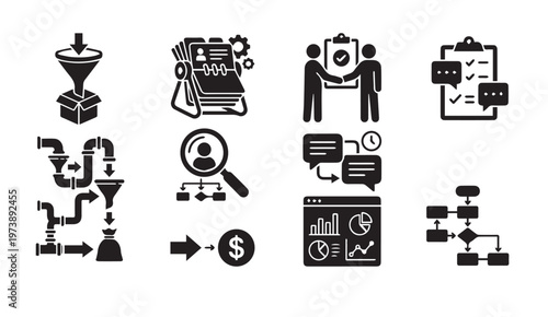 Business workflow optimization sales funnel and data management icon collection