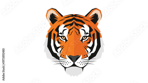 Close-up illustration of a tiger's face with orange, black, and white fur against a clean white background.