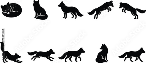 Ten Black Fox Silhouettes in Various Poses on a White Background.