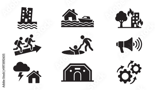 Emergency response and natural disaster management icon set with emergency