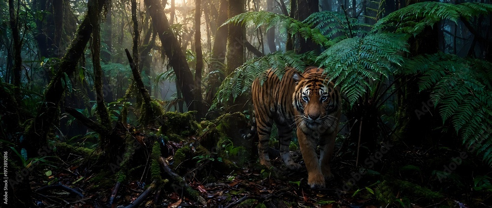 Fototapeta premium Majestic tiger walking through dense tropical rainforest with sunlight filtering through lush green ferns and vegetation creating dramatic natural lighting.