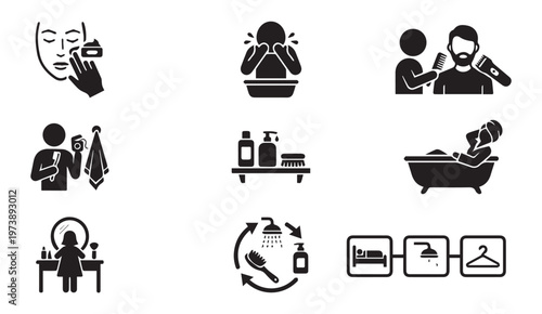Personal care hygiene and beauty treatment routine icon collection with personal