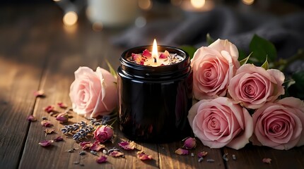 Romantic spa setting with pink roses, aromatic candle and dried petals on wooden surface. Wellness relaxation concept for Valentine's Day or self-care rituals.