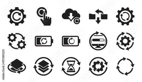 Set of synchronization and system update interface icons in black silhouette