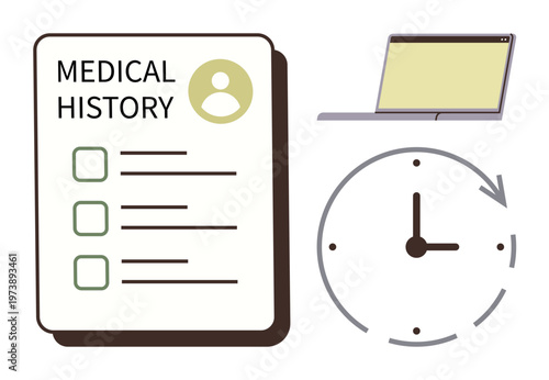 Medical records, time management, digital healthcare, patient history, data tracking, health monitoring. A document with a medical history title, clock graphic and a laptop. Medical records and time