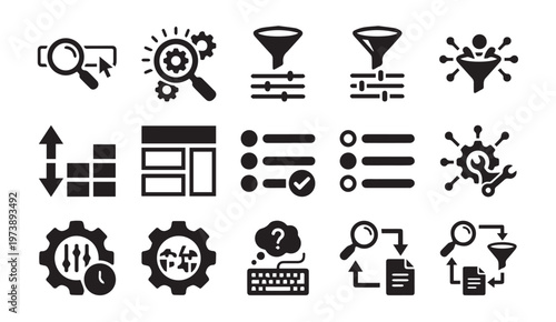 Data filtering and search optimization interface icon set with magnifying